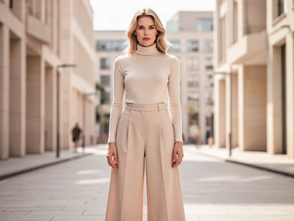 Stylowa kobieta w eleganckich kulotach i minimalistycznym golfie, prezentująca modną stylizację na tle nowoczesnego miasta.