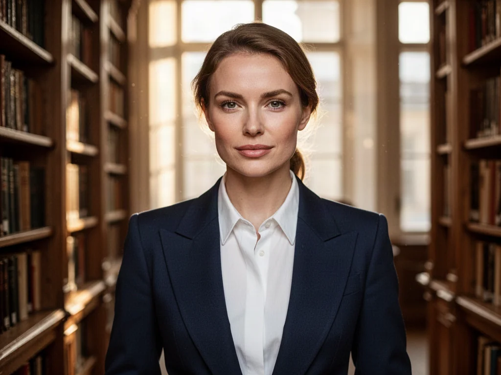 Elegancka kobieta w granatowej marynarce i białej koszuli na tle biblioteki, prezentująca klasyczny styl preppy.