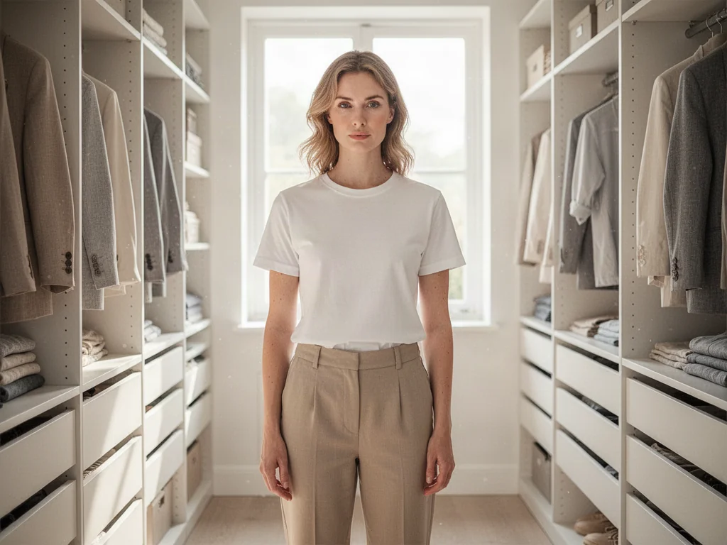 Kobieta w białym t-shircie i beżowych spodniach w minimalistycznej garderobie, prezentująca styl basic.