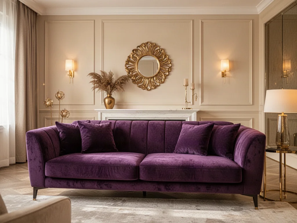 Nowoczesny salon z fioletową sofą, kremowymi ścianami i złotymi dodatkami, prezentujący eleganckie zestawienie kolorystyczne.